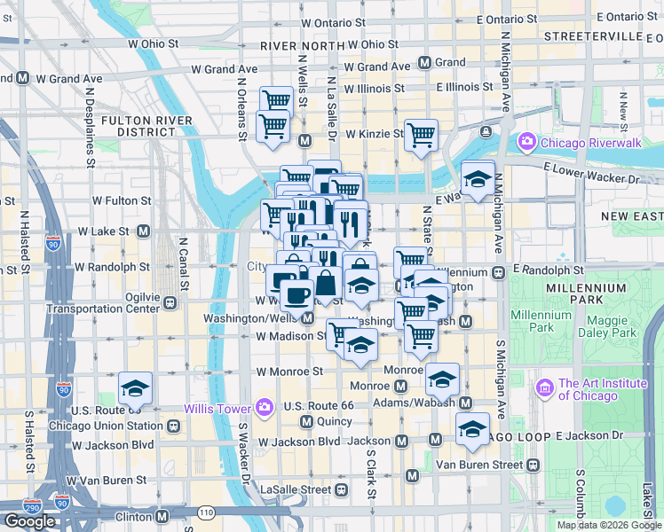 map of restaurants, bars, coffee shops, grocery stores, and more near 141 North LaSalle Street in Chicago
