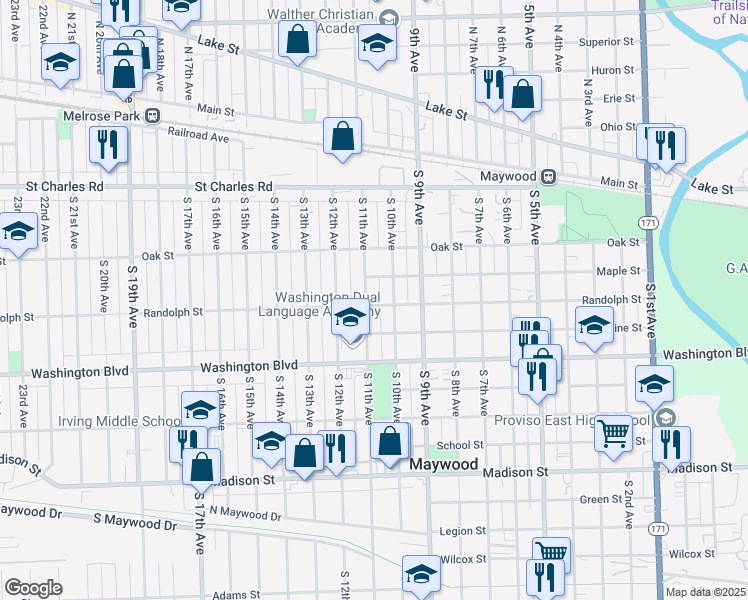map of restaurants, bars, coffee shops, grocery stores, and more near 317 S 11th Ave in Maywood