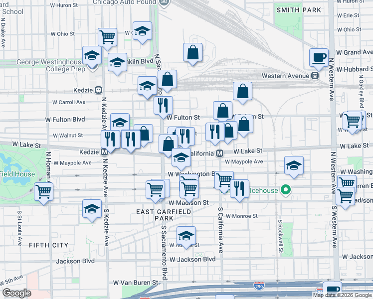 map of restaurants, bars, coffee shops, grocery stores, and more near 2900 West Lake Street in Chicago