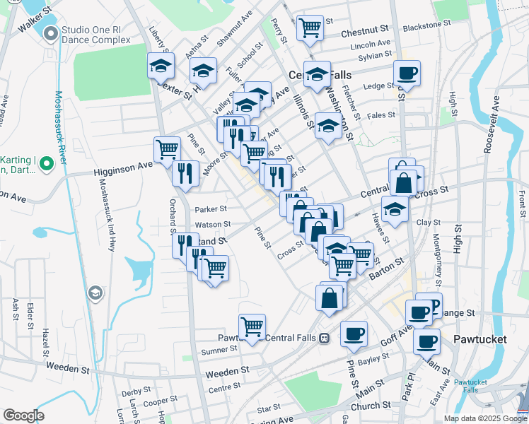 map of restaurants, bars, coffee shops, grocery stores, and more near 161 Rand Street in Central Falls