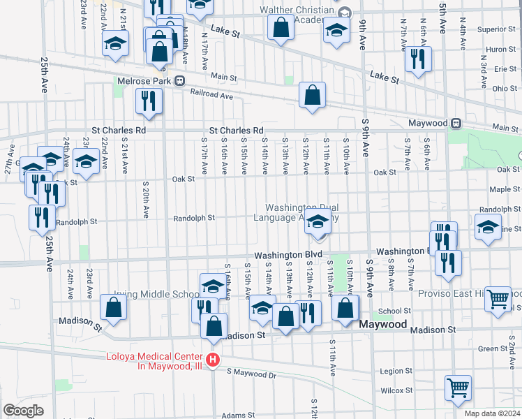 map of restaurants, bars, coffee shops, grocery stores, and more near 238 South 14th Avenue in Maywood