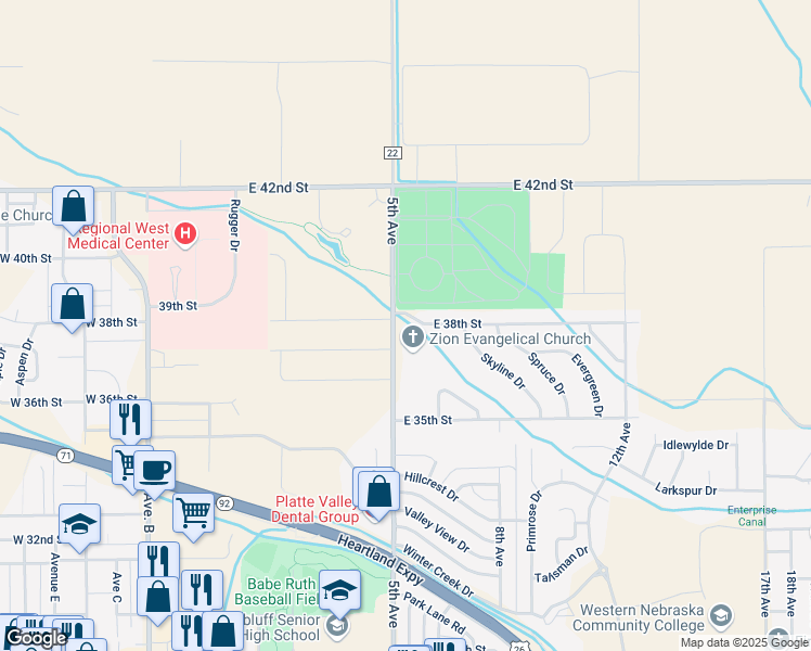 map of restaurants, bars, coffee shops, grocery stores, and more near 3717 5th Avenue in Scottsbluff