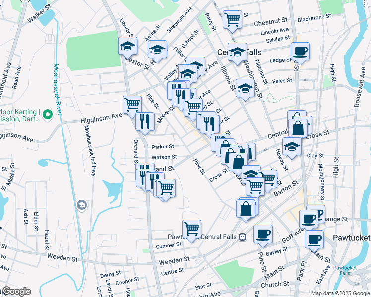 map of restaurants, bars, coffee shops, grocery stores, and more near 2 Parker Street in Central Falls