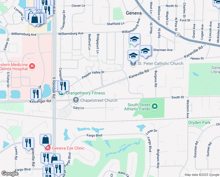 map of restaurants, bars, coffee shops, grocery stores, and more near 2010 Kaneville Road in Geneva