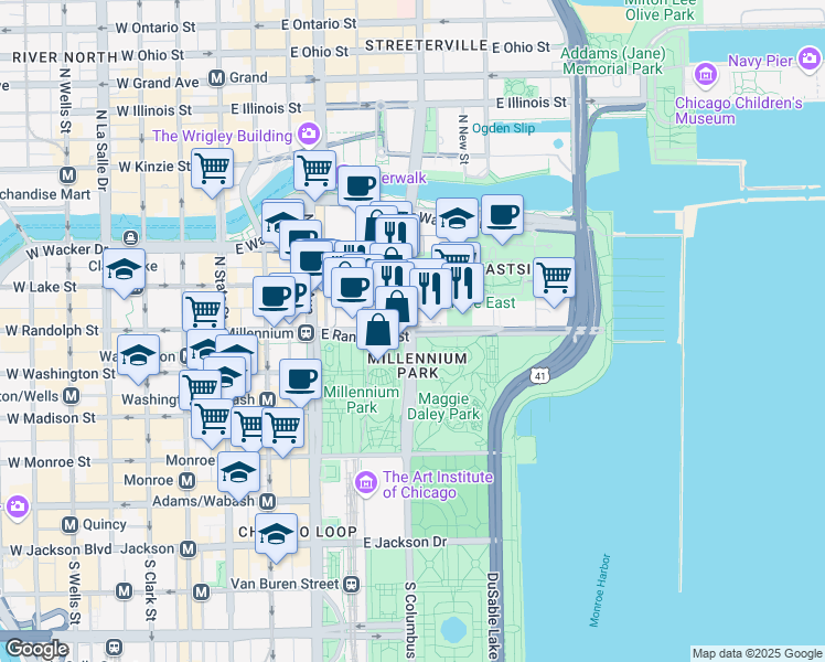 map of restaurants, bars, coffee shops, grocery stores, and more near East Randolph Street in Chicago