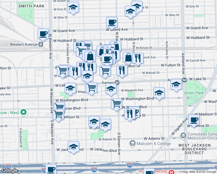 map of restaurants, bars, coffee shops, grocery stores, and more near 2033 West Randolph Street in Chicago