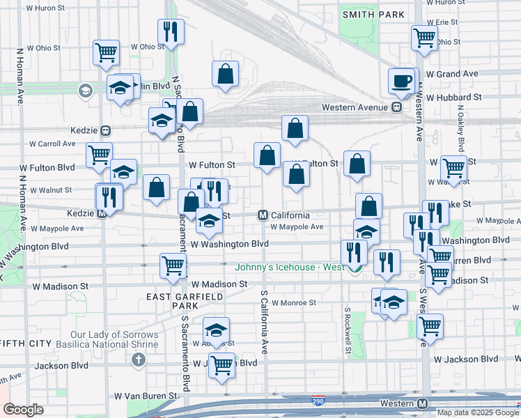 map of restaurants, bars, coffee shops, grocery stores, and more near 2750 West Lake Street in Chicago