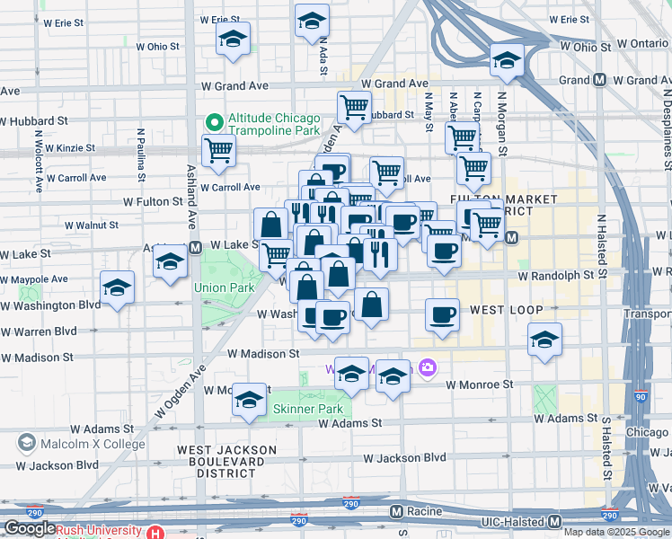 map of restaurants, bars, coffee shops, grocery stores, and more near 1334 West Randolph Street in Chicago