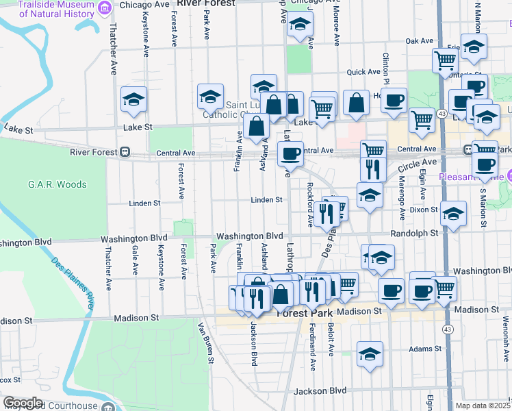 map of restaurants, bars, coffee shops, grocery stores, and more near 238 Ashland Avenue in River Forest