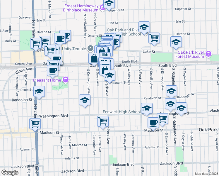 map of restaurants, bars, coffee shops, grocery stores, and more near 212 South Oak Park Avenue in Oak Park