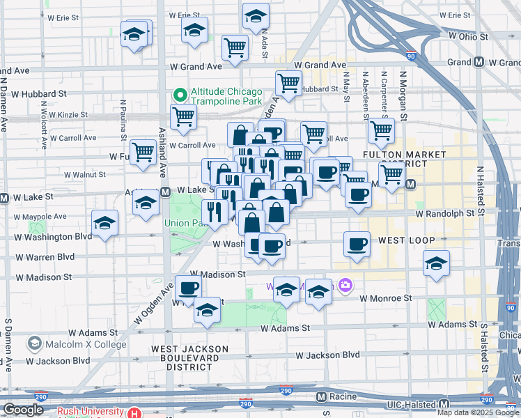 map of restaurants, bars, coffee shops, grocery stores, and more near 1364 West Randolph Street in Chicago