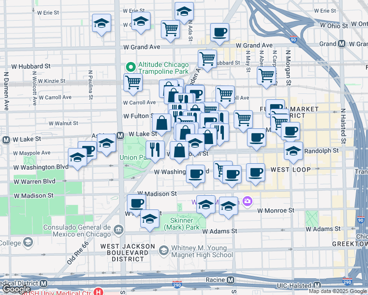 map of restaurants, bars, coffee shops, grocery stores, and more near 1364 West Randolph Street in Chicago