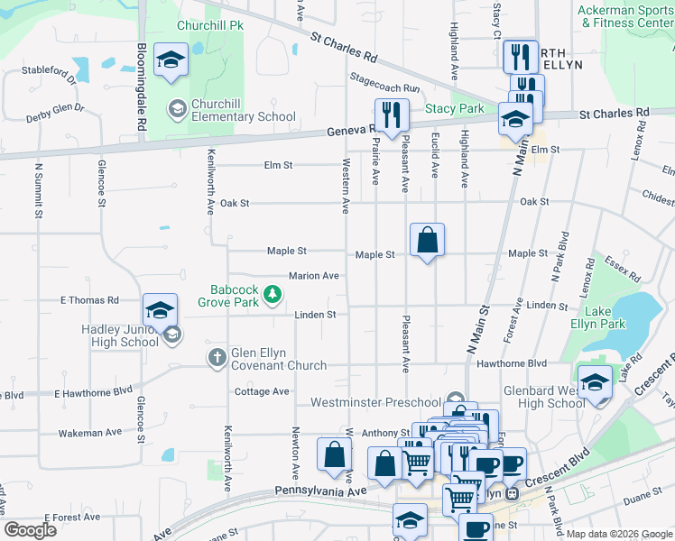 map of restaurants, bars, coffee shops, grocery stores, and more near 684 Western Avenue in Glendale Heights