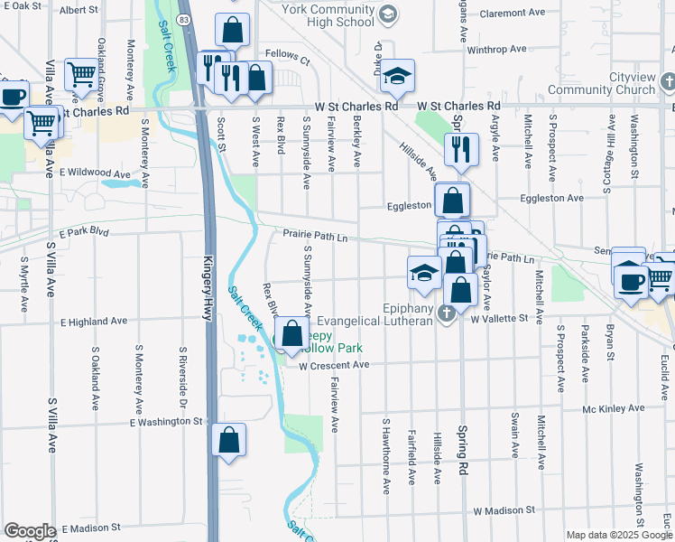 map of restaurants, bars, coffee shops, grocery stores, and more near 527 Fairview Avenue in Elmhurst