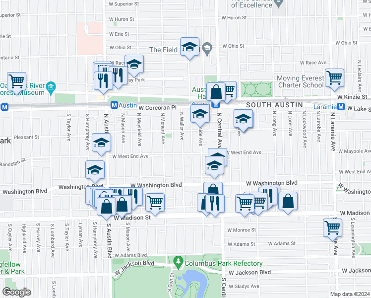 map of restaurants, bars, coffee shops, grocery stores, and more near 209 North Waller Avenue in Chicago