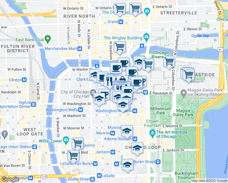 map of restaurants, bars, coffee shops, grocery stores, and more near 37 West Randolph Street in Chicago