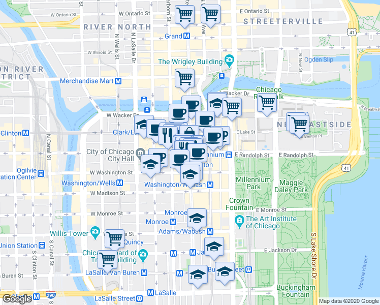 map of restaurants, bars, coffee shops, grocery stores, and more near W Randolph St & N State St in Chicago