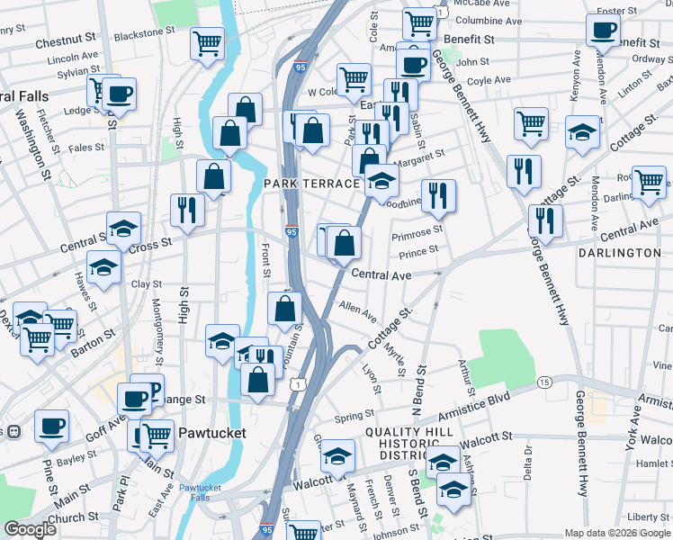 map of restaurants, bars, coffee shops, grocery stores, and more near 399 Broadway in Pawtucket