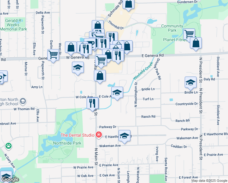 map of restaurants, bars, coffee shops, grocery stores, and more near 1911 Kingsbrook Court in Wheaton