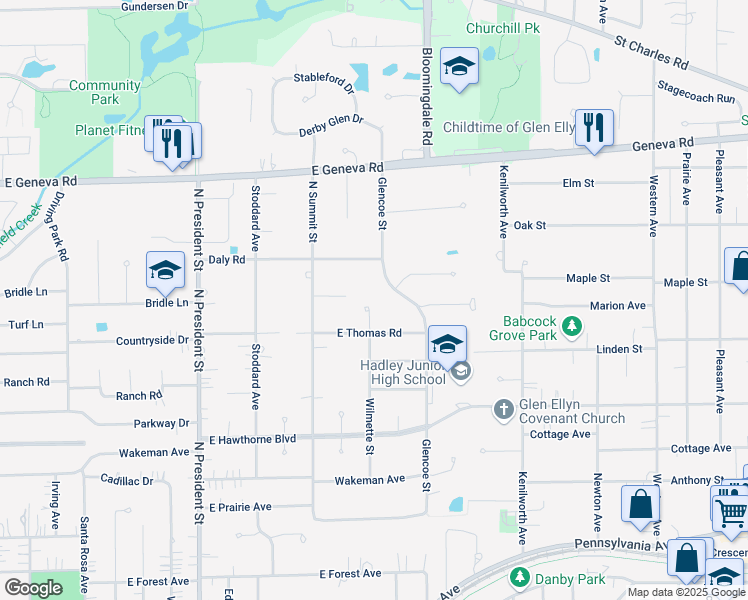 map of restaurants, bars, coffee shops, grocery stores, and more near 1825 Wilmette Court in Wheaton