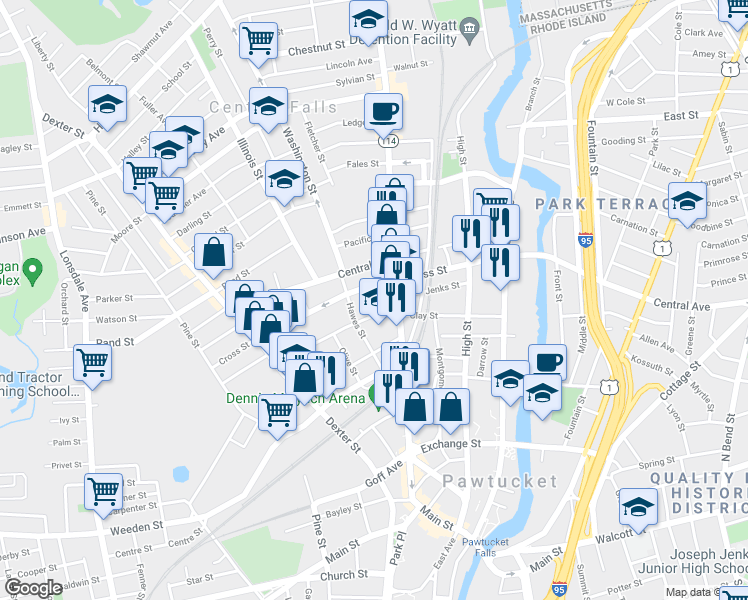 map of restaurants, bars, coffee shops, grocery stores, and more near 110 1/2 Cross Street in Central Falls