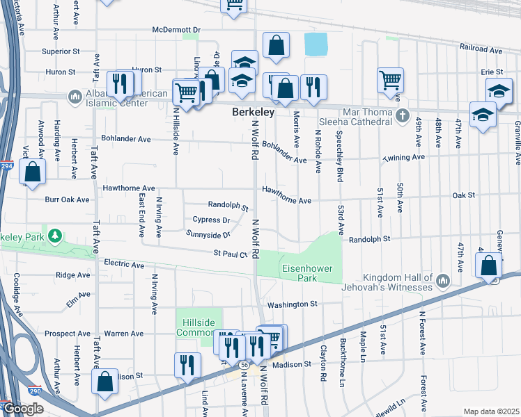 map of restaurants, bars, coffee shops, grocery stores, and more near 751 North Wolf Road in Hillside
