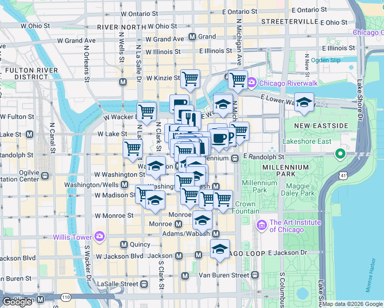 map of restaurants, bars, coffee shops, grocery stores, and more near 119 North Dearborn Street in Chicago