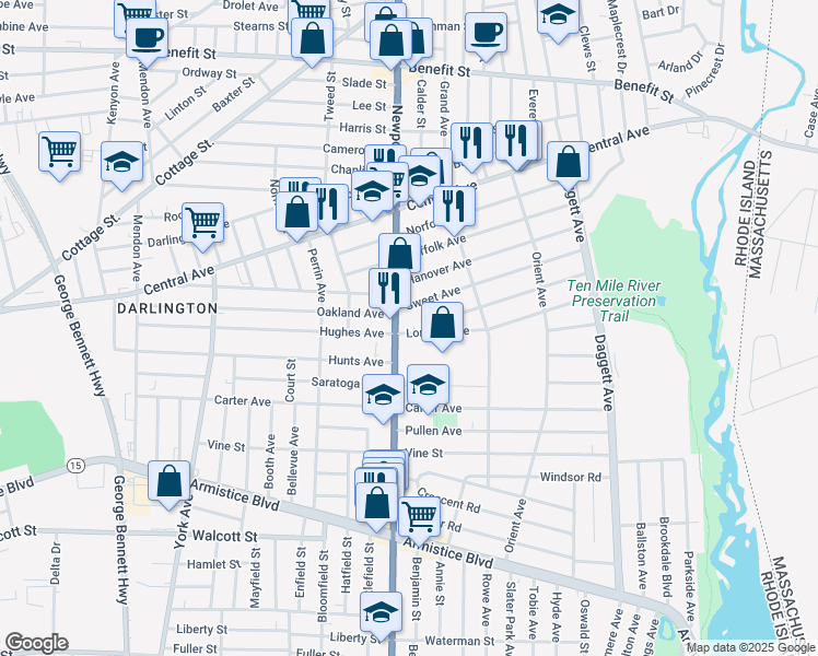 map of restaurants, bars, coffee shops, grocery stores, and more near 16 London Avenue in Pawtucket