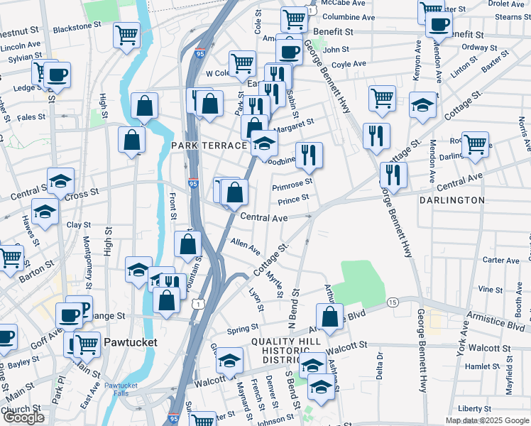 map of restaurants, bars, coffee shops, grocery stores, and more near 178 Central Avenue in Pawtucket