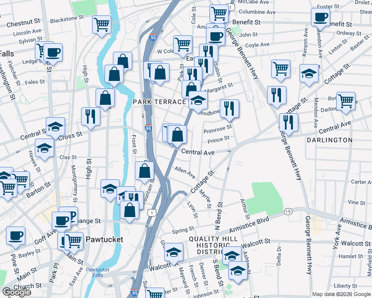 map of restaurants, bars, coffee shops, grocery stores, and more near 399 Broadway in Pawtucket