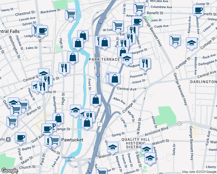 map of restaurants, bars, coffee shops, grocery stores, and more near 89 Central Avenue in Pawtucket
