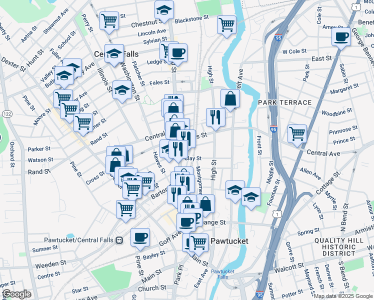 map of restaurants, bars, coffee shops, grocery stores, and more near in Central Falls