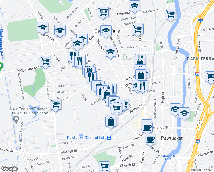 map of restaurants, bars, coffee shops, grocery stores, and more near 352 Central Street in Central Falls