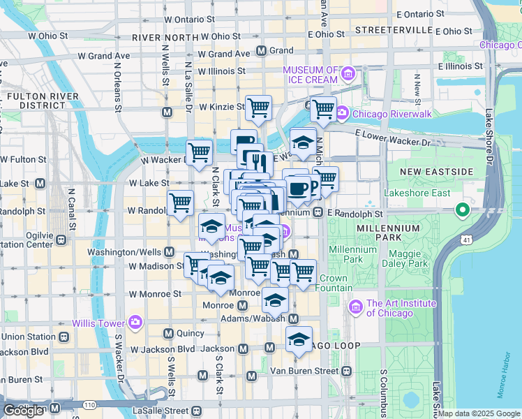 map of restaurants, bars, coffee shops, grocery stores, and more near 119 North Dearborn Street in Chicago
