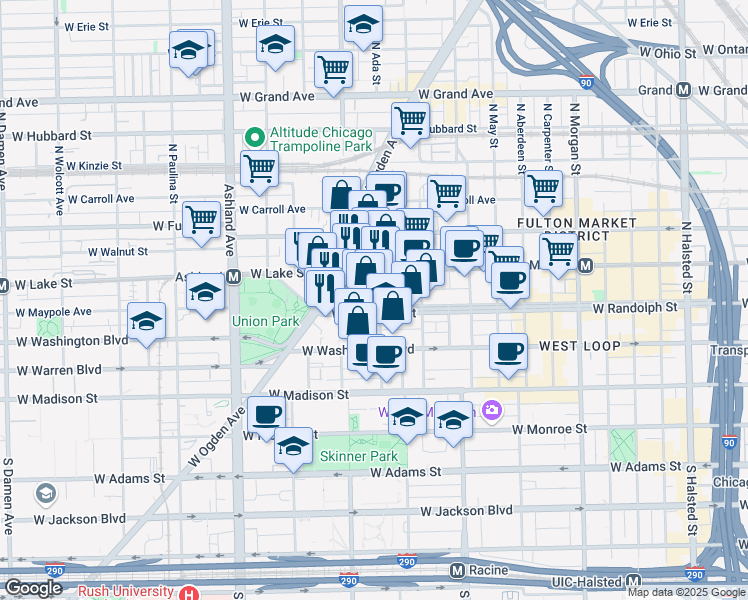 map of restaurants, bars, coffee shops, grocery stores, and more near 1364 West Randolph Street in Chicago