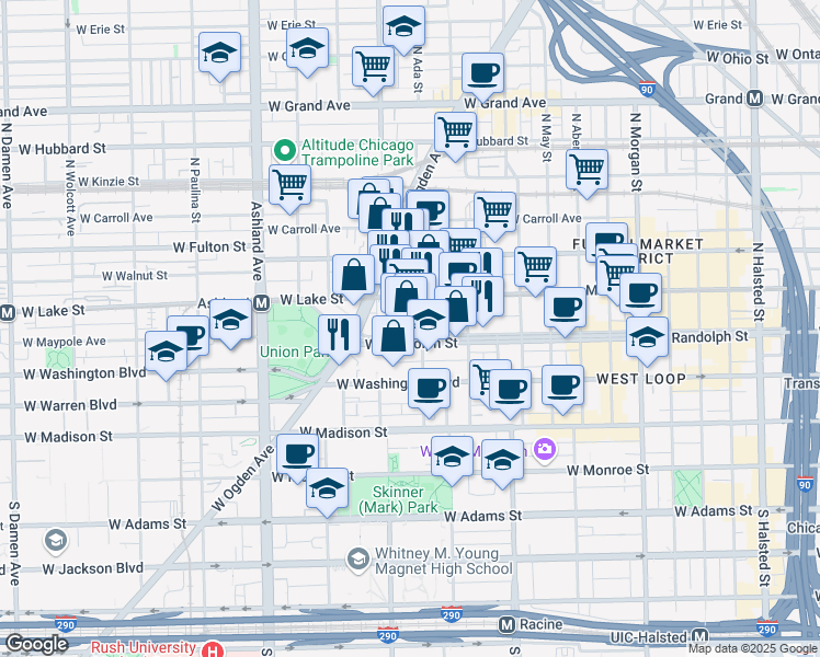 map of restaurants, bars, coffee shops, grocery stores, and more near 1364 West Randolph Street in Chicago