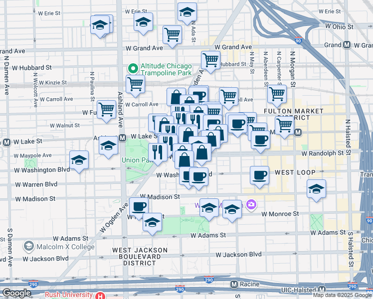 map of restaurants, bars, coffee shops, grocery stores, and more near 1364 West Randolph Street in Chicago