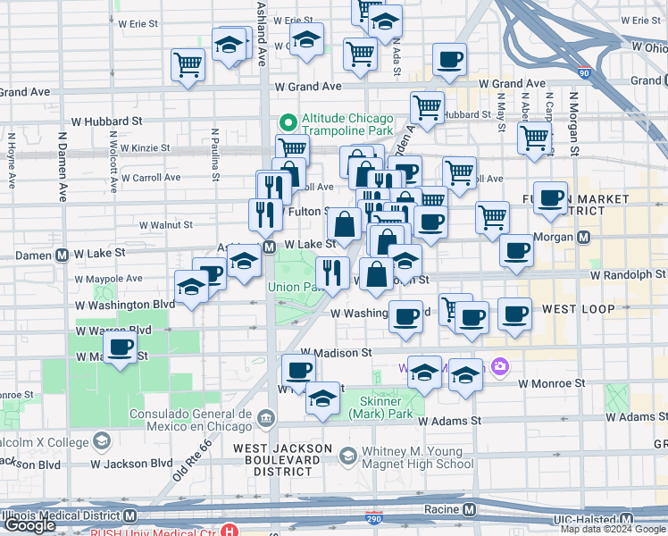 map of restaurants, bars, coffee shops, grocery stores, and more near 1419-1501 W Randolph St in Chicago