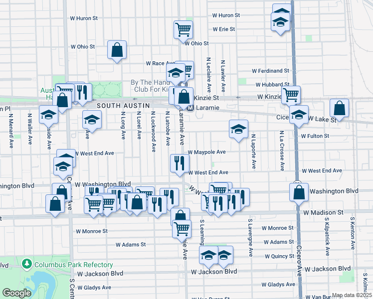 map of restaurants, bars, coffee shops, grocery stores, and more near 200 North Leamington Avenue in Chicago