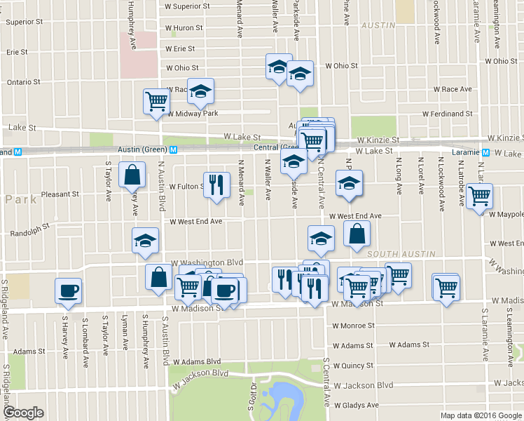 map of restaurants, bars, coffee shops, grocery stores, and more near 209 North Waller Avenue in Chicago