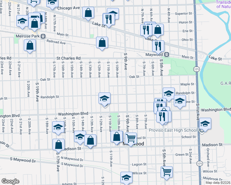 map of restaurants, bars, coffee shops, grocery stores, and more near 317 South 11th Avenue in Maywood