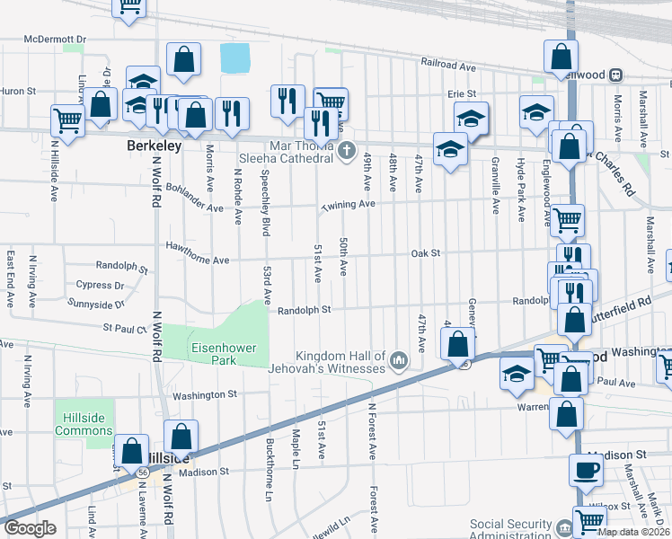 map of restaurants, bars, coffee shops, grocery stores, and more near 411 50th Avenue in Bellwood