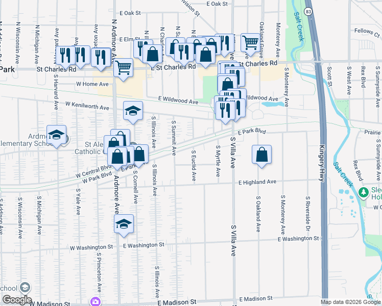 map of restaurants, bars, coffee shops, grocery stores, and more near 225 South Euclid Avenue in Villa Park