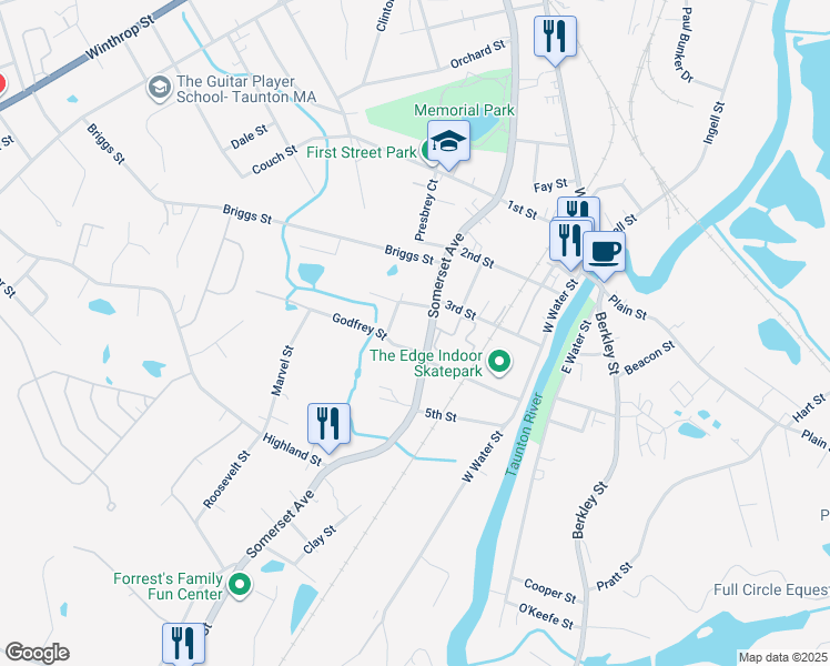 map of restaurants, bars, coffee shops, grocery stores, and more near 465 Somerset Avenue in Taunton