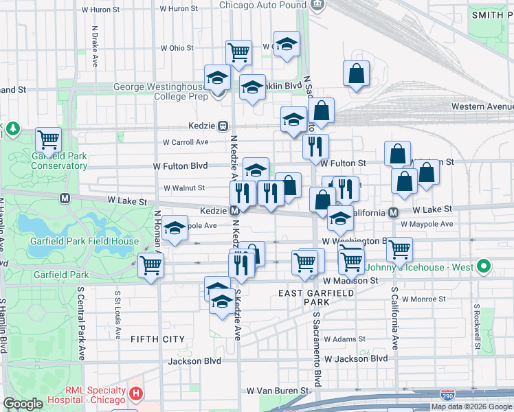 map of restaurants, bars, coffee shops, grocery stores, and more near 3128 West Lake Street in Chicago