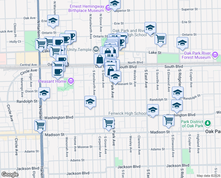 map of restaurants, bars, coffee shops, grocery stores, and more near 217 South Oak Park Avenue in Oak Park