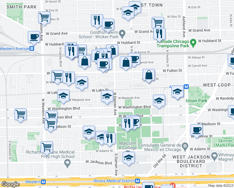 map of restaurants, bars, coffee shops, grocery stores, and more near 1963 West Lake Street in Chicago
