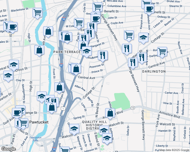 map of restaurants, bars, coffee shops, grocery stores, and more near 228 Central Avenue in Pawtucket