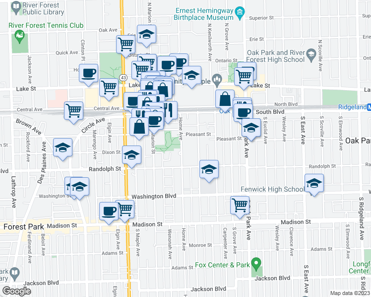map of restaurants, bars, coffee shops, grocery stores, and more near 224 Home Avenue in Oak Park