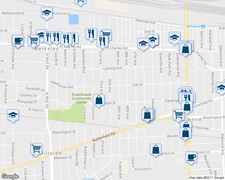 map of restaurants, bars, coffee shops, grocery stores, and more near 411 50th Avenue in Bellwood